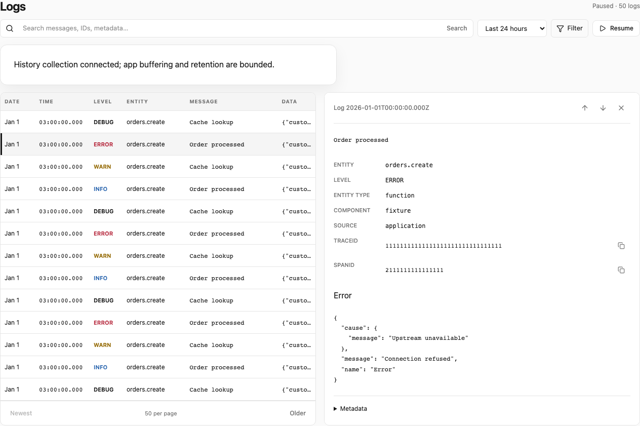 RELKIT Inspector Logs workspace with a selected structured log and its associated trace
