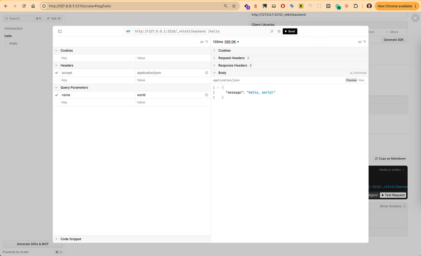 The Scalar API reference sending a request to a Relkit route