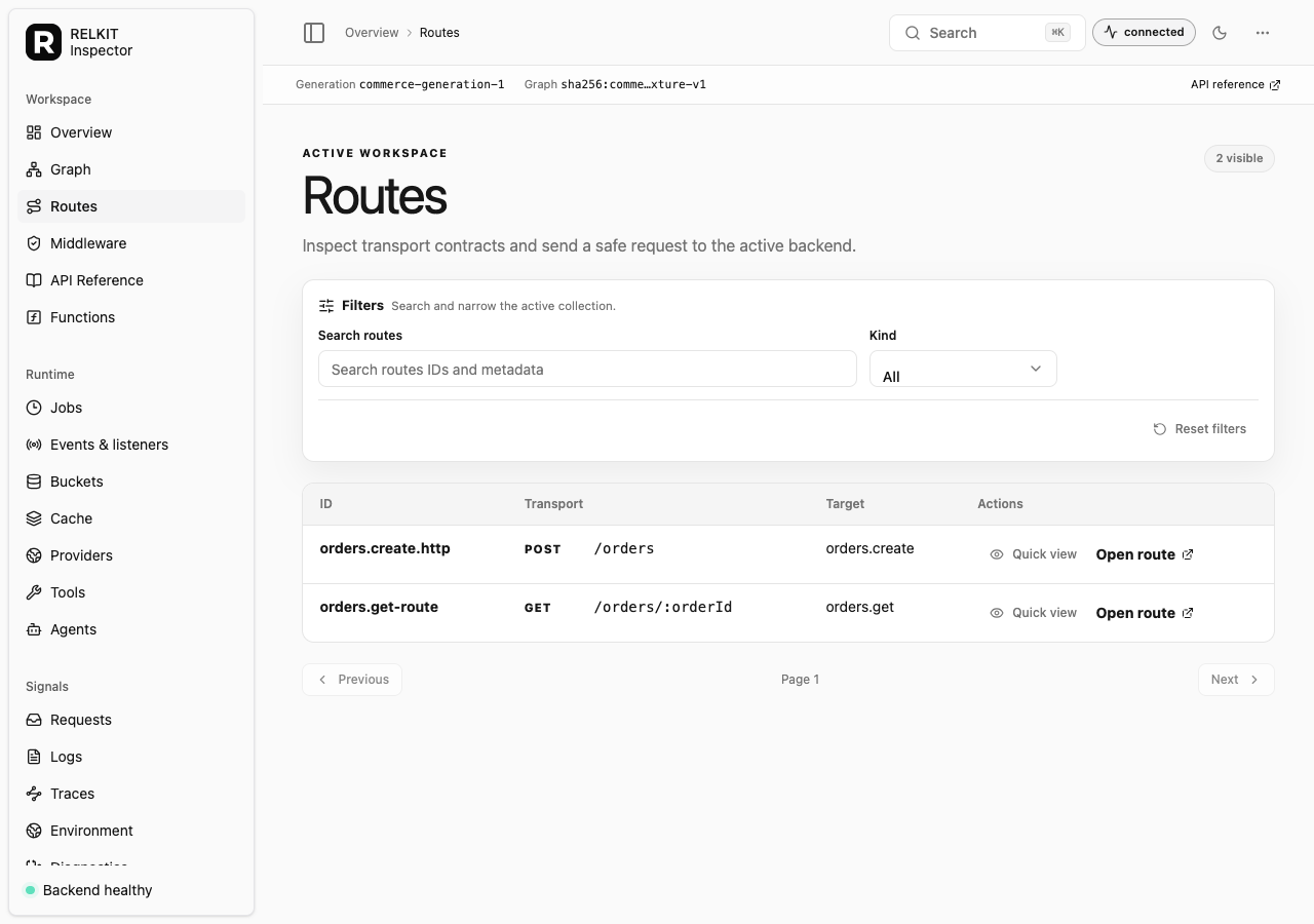 Relkit Inspector with its navigation sidebar and routes workspace