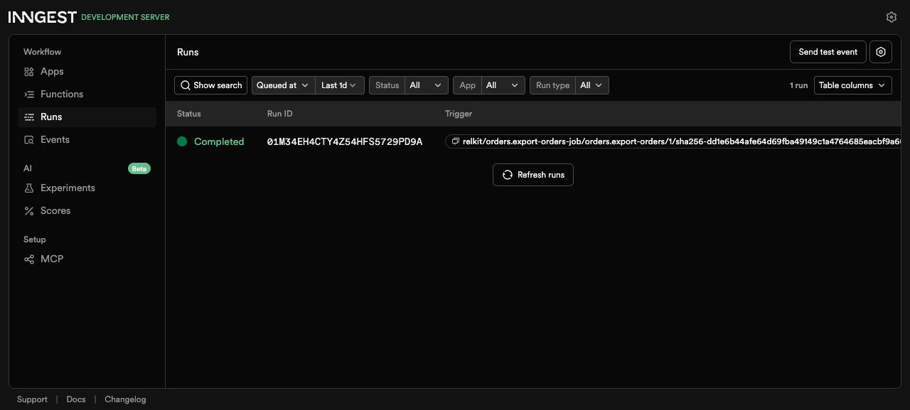 Inngest local Runs page showing a completed Orders export run